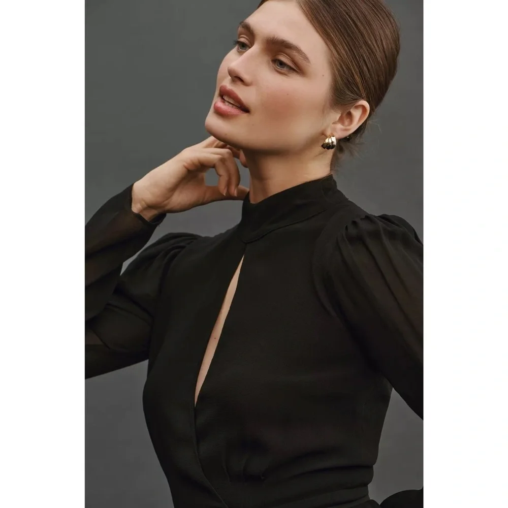 NWT Reformation Otessa Keyhole Front Tie Long Sleeve Mini Dress Black Witchy